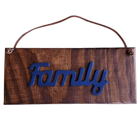 Family Wooden Sign Plaque Wall Hanging Decorative Accent Blue Brown Farmhouse - Picture 1 of 7